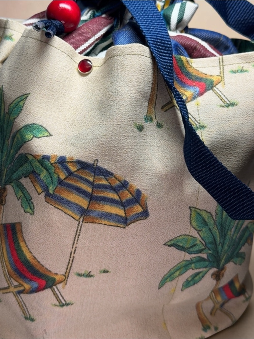 Beach-Print Canvas Tote Bag in Cream with Navy Straps
